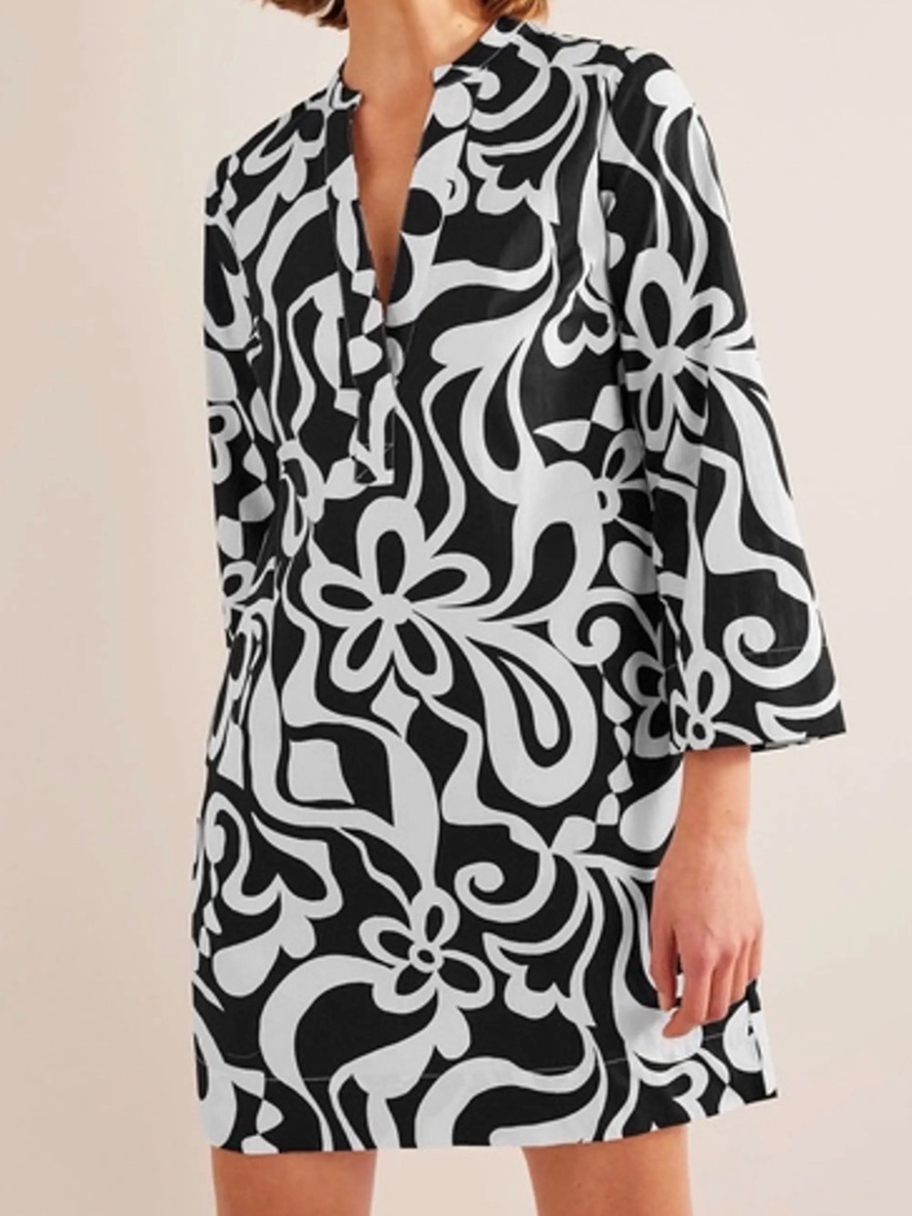 Boden Black White Notch Neck Mini Shift Dress Size 6L Cotton Cuffed Sleeves